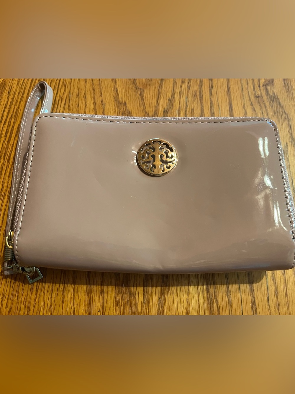 Patent-Finish Wristlet Clutch in Mauve with Gold Accent